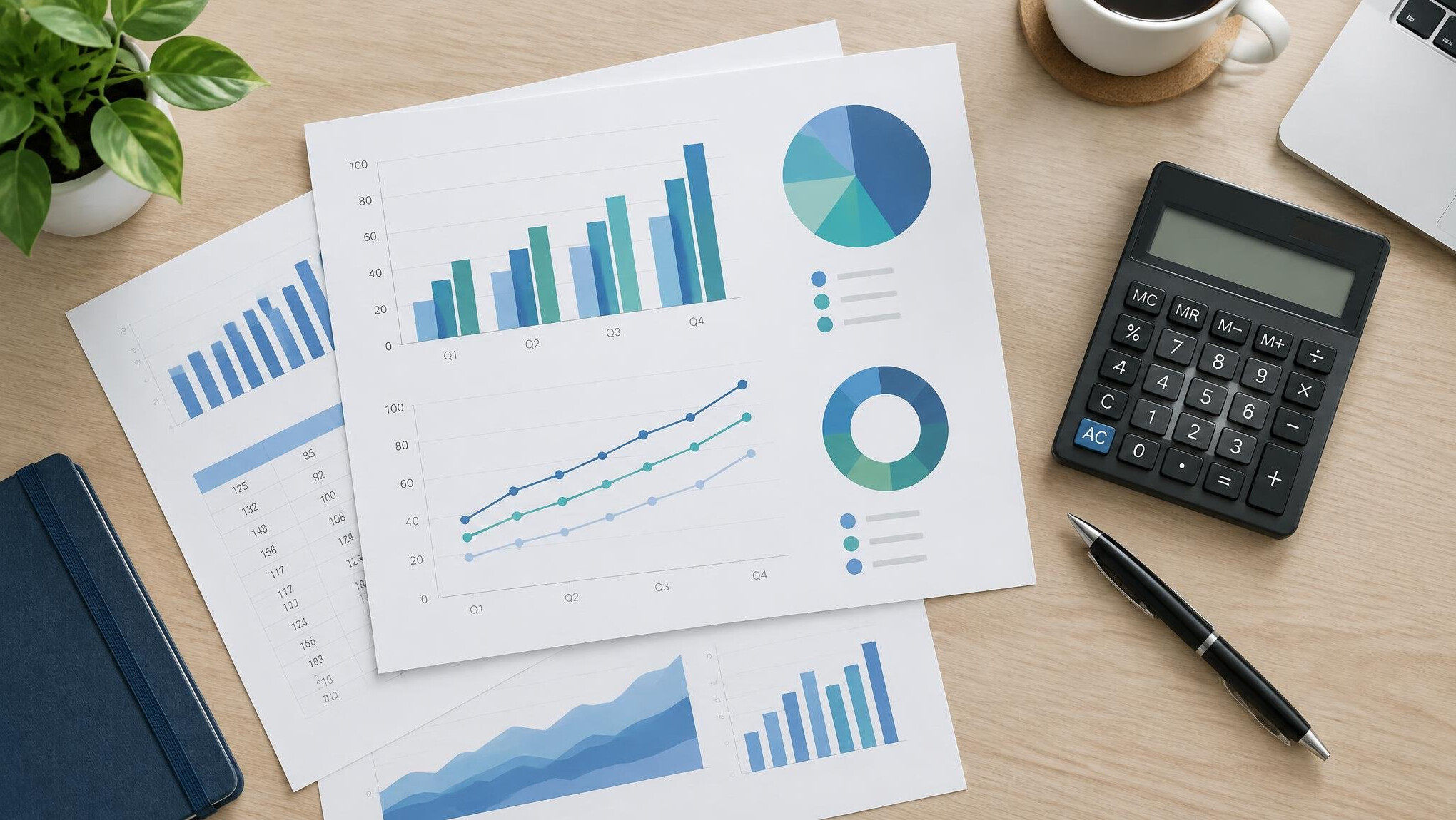 Desk with printed charts, documents and a calculator